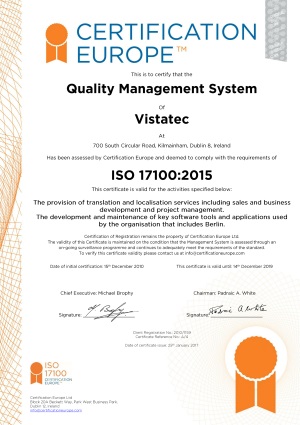Certificación de Vistatec conforme a la BS EN 15038