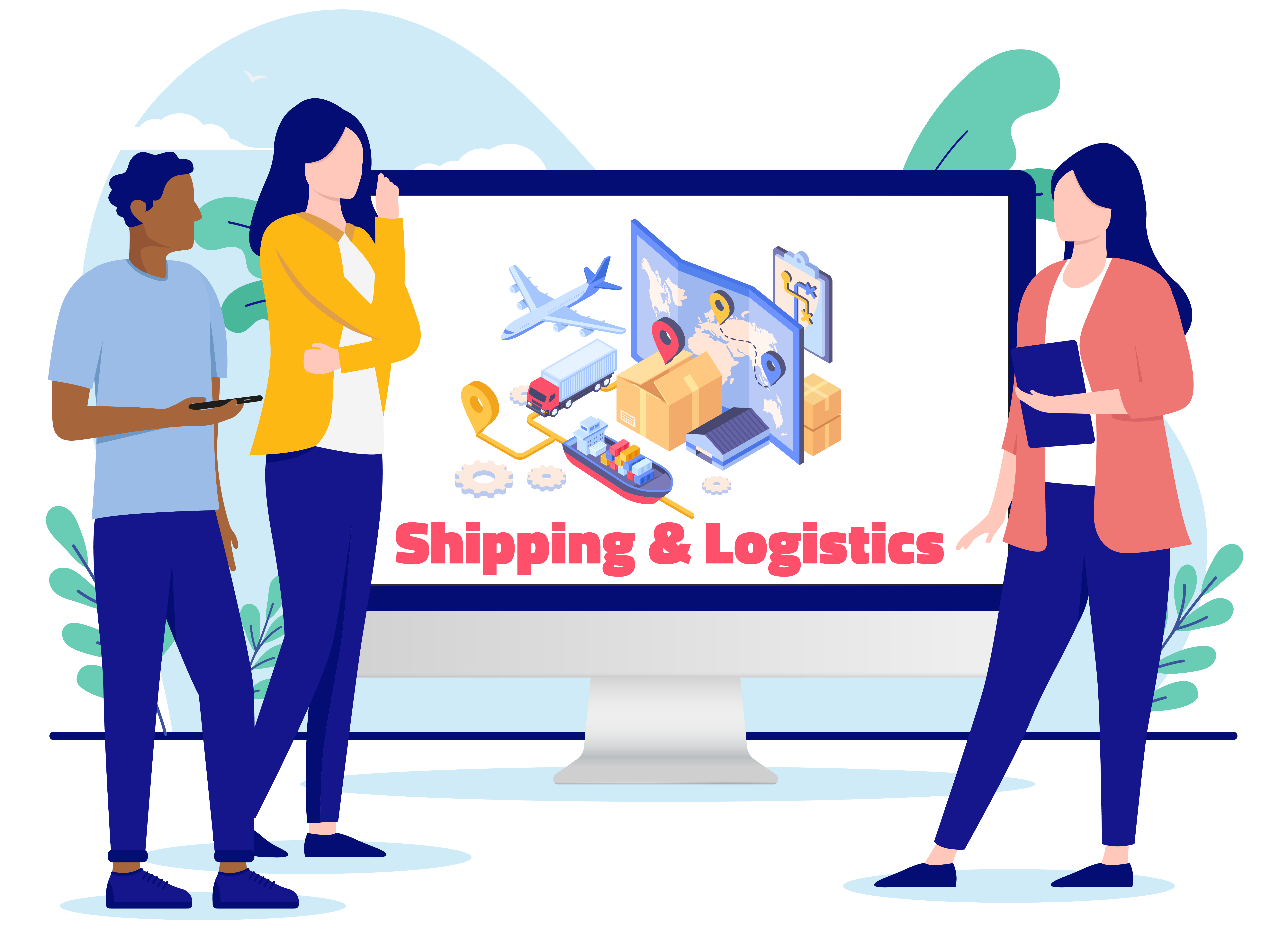  A visual with cartoon images of men and women standing with a big screen in which text "shipping & logistics" is written