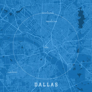Dallas TX City Vector Road Map Blue Text. All source data is in the public domain. U.S. Census Bureau Census Tiger. Used Layers: areawater, linearwater, roads.